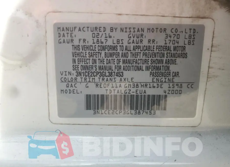 3N1CE2CP3GL387453 Photo# 12