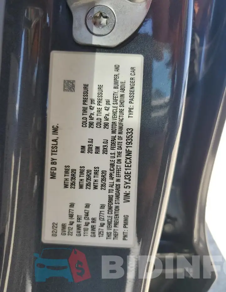 5YJ3E1ECXNF193533 Photo# 13