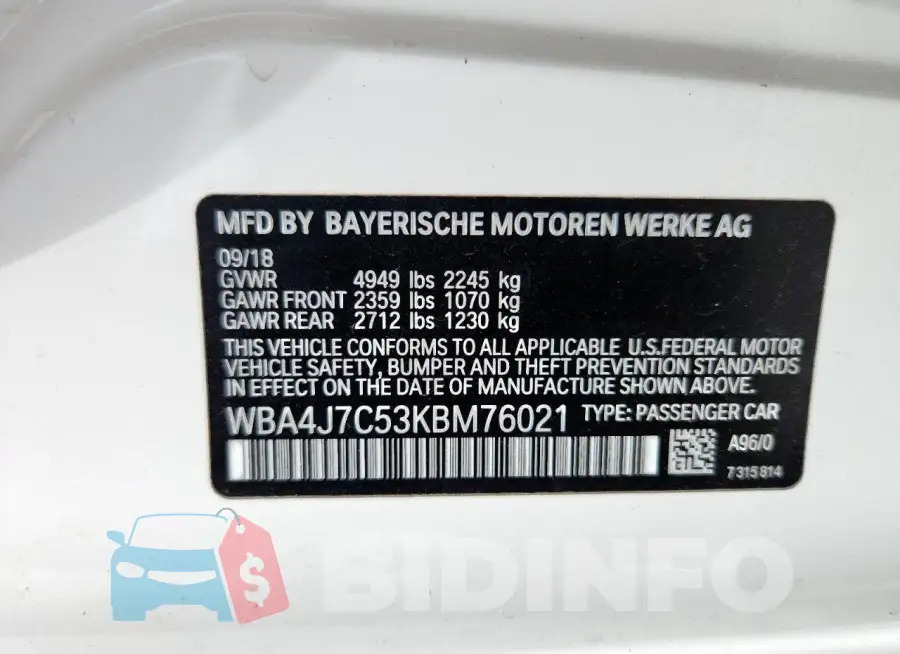 WBA4J7C53KBM76021 Photo# 12