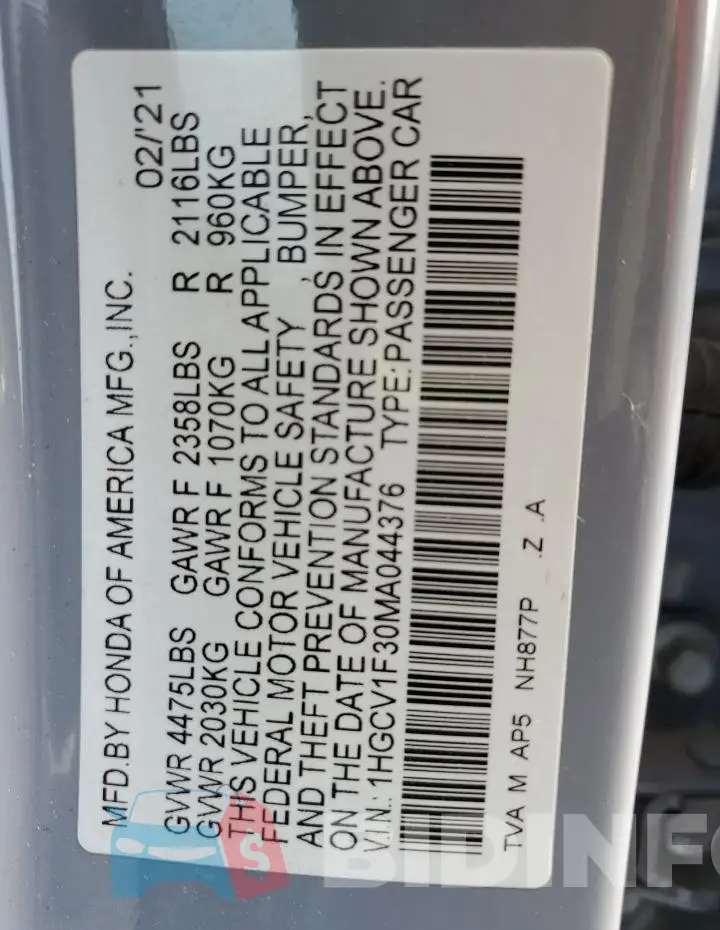 1HGCV1F30MA044376 Photo# 12