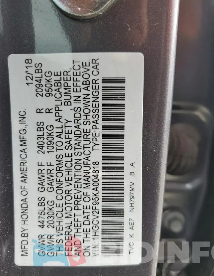 1HGCV2F95KA004818 Photo# 12
