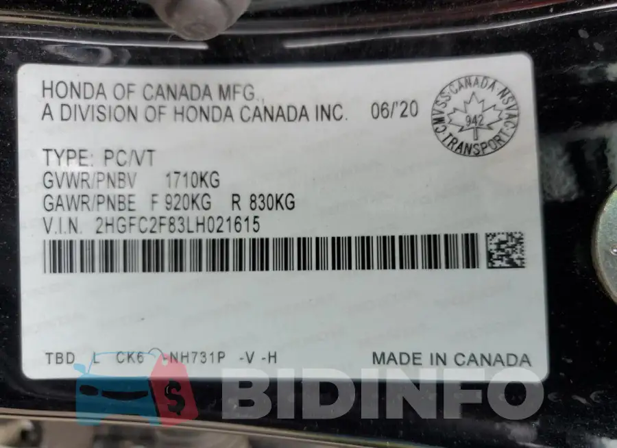 2HGFC2F83LH021615 Photo# 13
