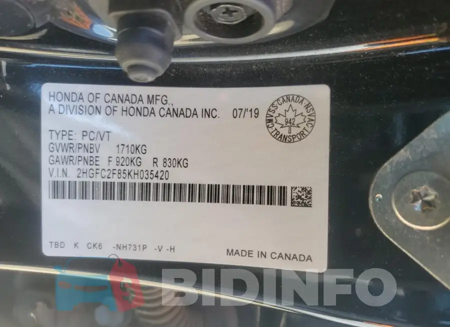 2HGFC2F85KH035420 Photo# 13