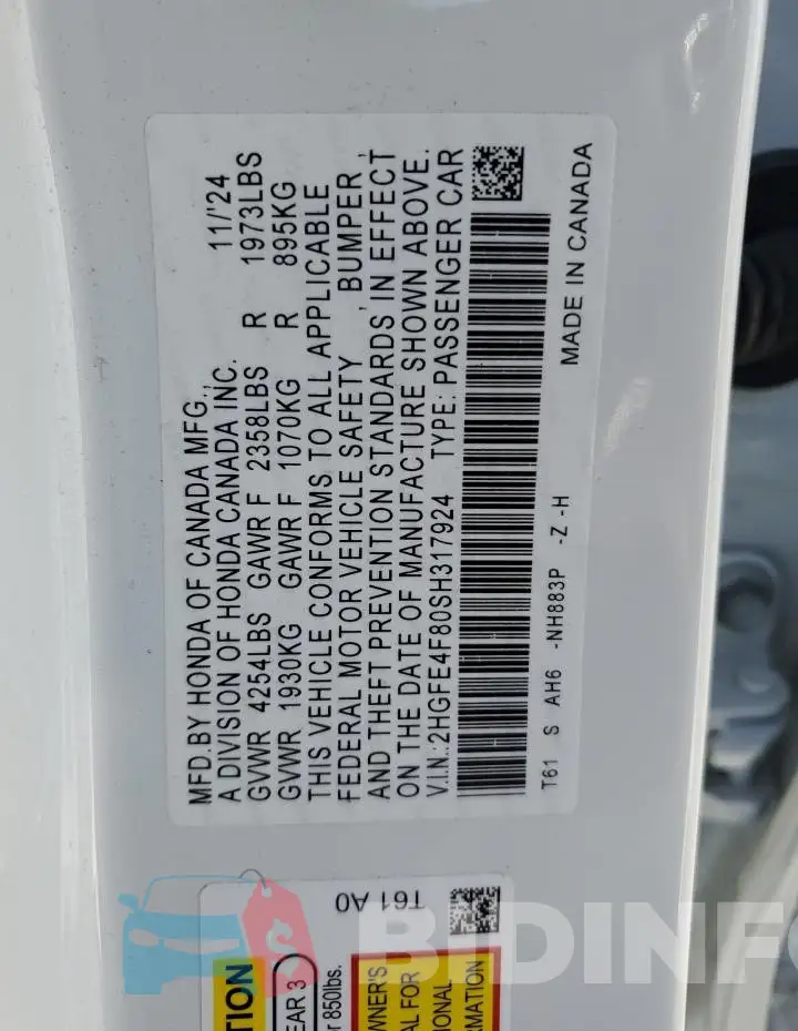 2HGFE4F80SH317924 Photo# 12