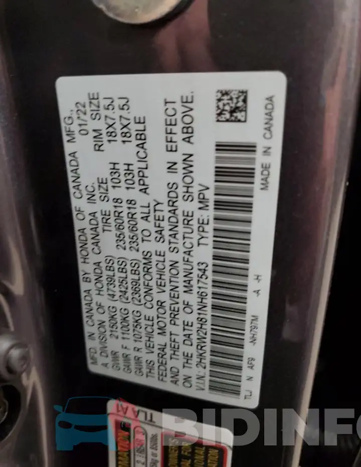 2HKRW2H81NH617543 Photo# 14