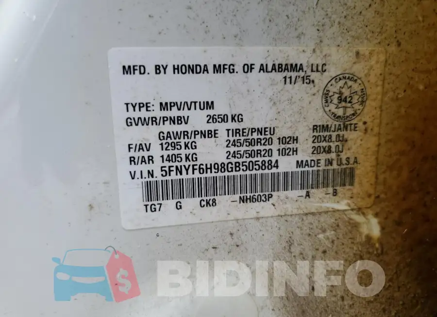 5FNYF6H98GB505884 Photo# 13