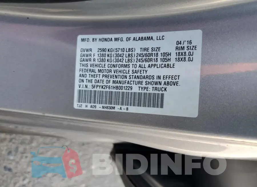 5FPYK2F61HB001229 Photo# 12