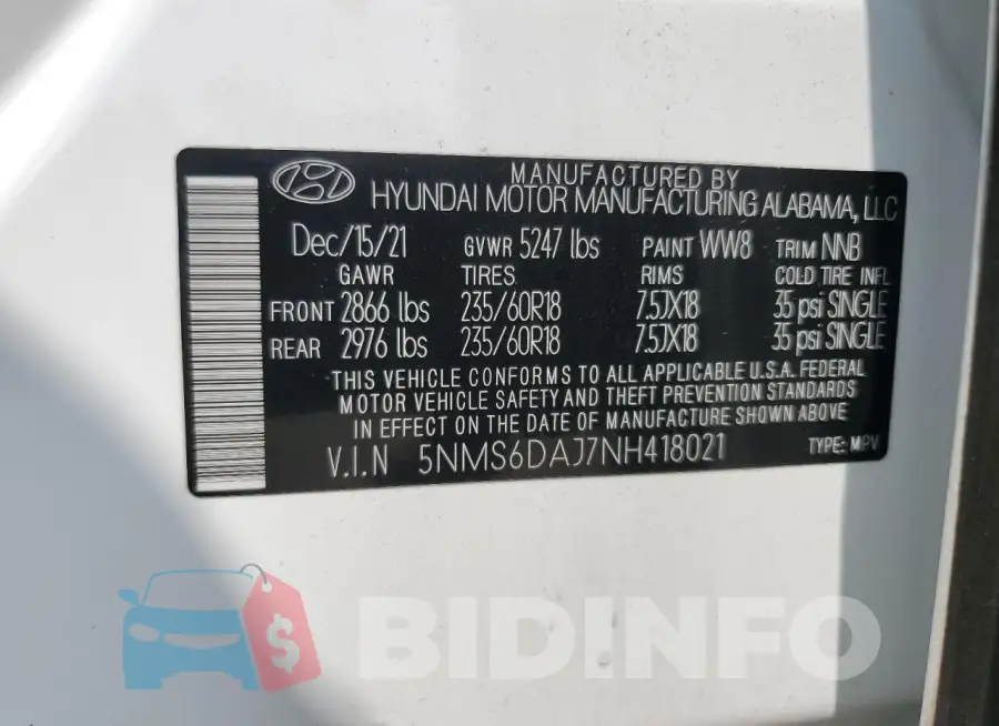 5NMS6DAJ7NH418021 Photo# 13