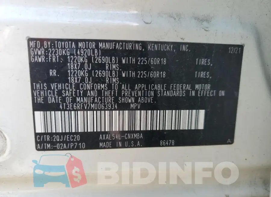 4T3E6RFV7MU063934 Photo# 13