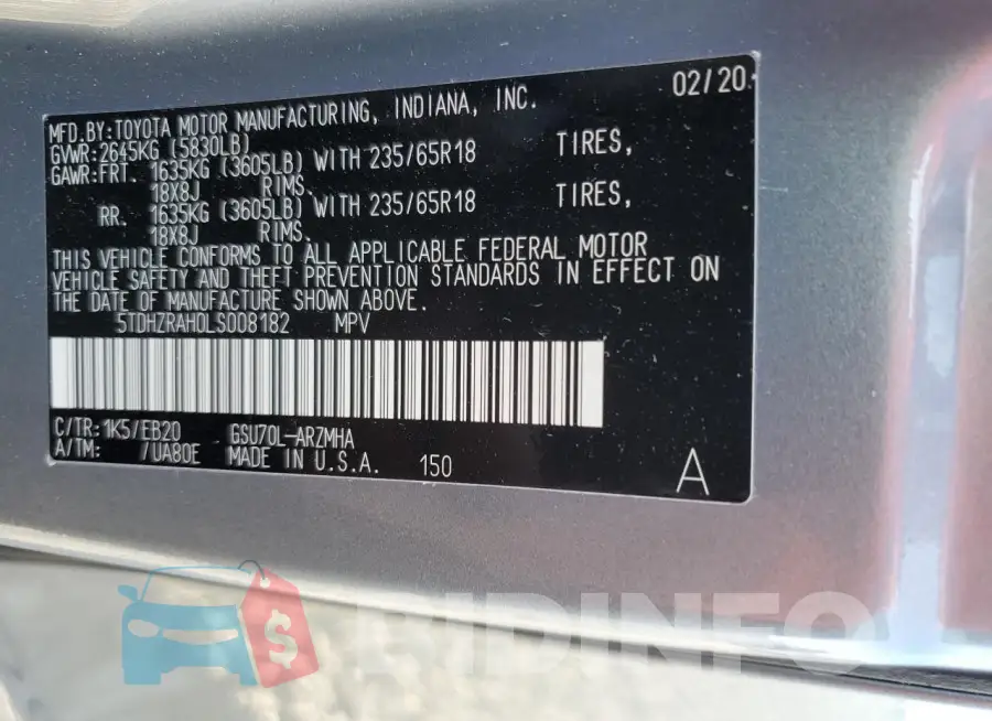 5TDHZRAH0LS008182 Photo# 14