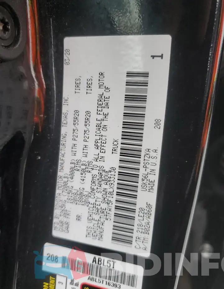 5TFAY5F10LX933130 Photo# 12