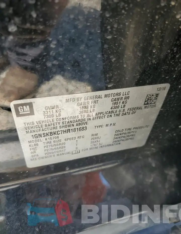 1GNSKBKC7HR181683 Photo# 13