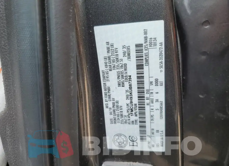 1FMCU9H93KUB87394 Photo# 13