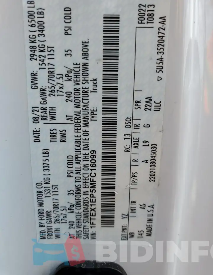 1FTEX1EP5MFC16099 Photo# 13