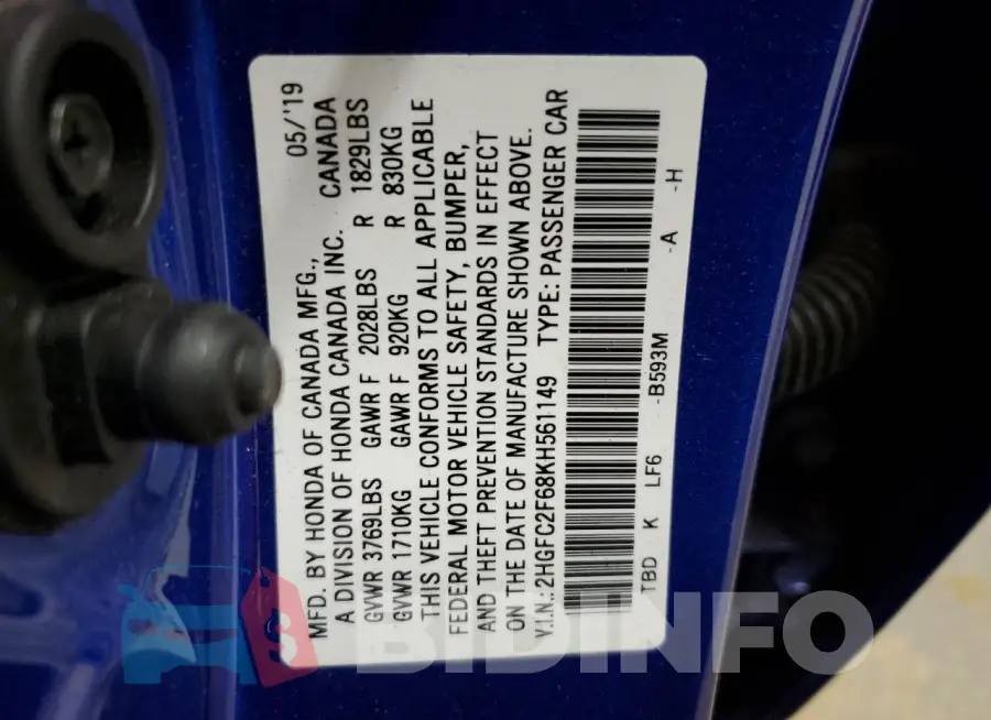 2HGFC2F68KH561149 Photo# 12