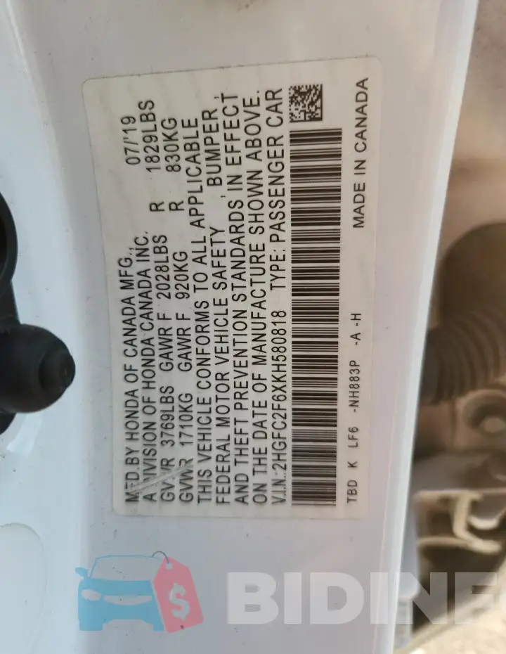 2HGFC2F6XKH580818 Photo# 12
