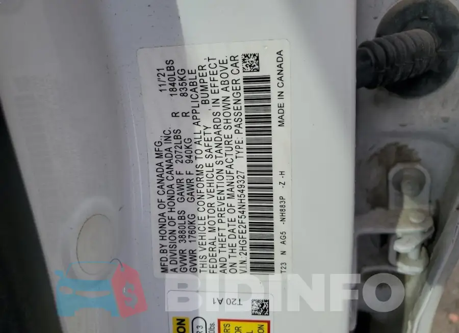2HGFE2F54NH549327 Photo# 12