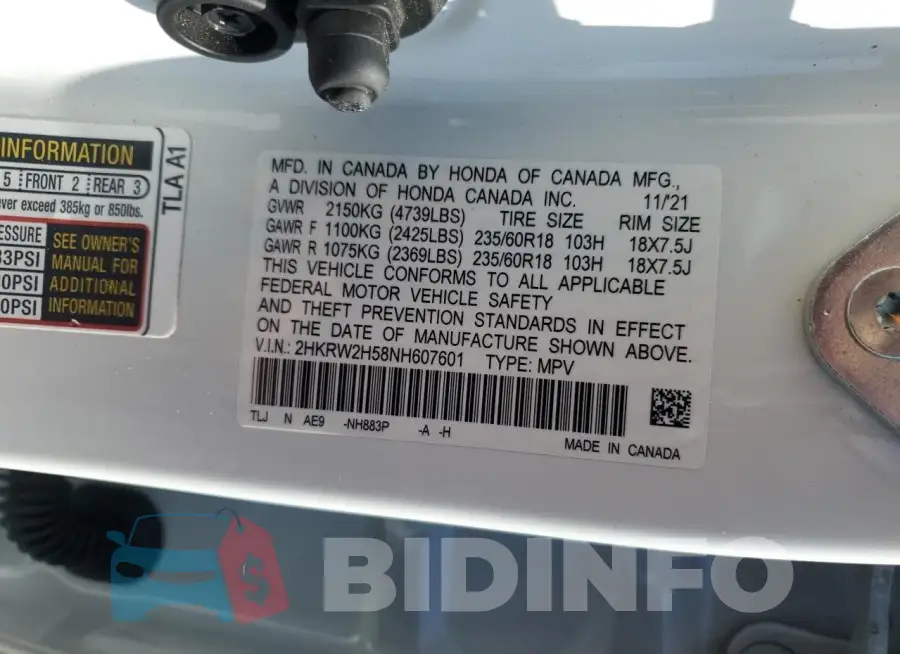 2HKRW2H58NH607601 Photo# 14