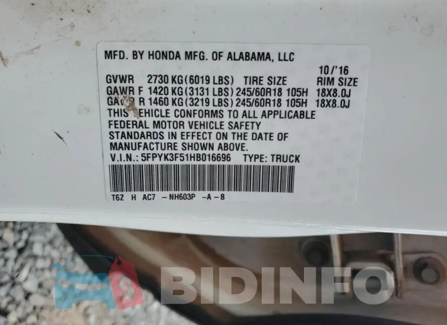 5FPYK3F51HB016696 Photo# 12