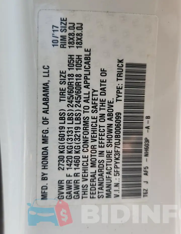 5FPYK3F70JB006099 Photo# 12