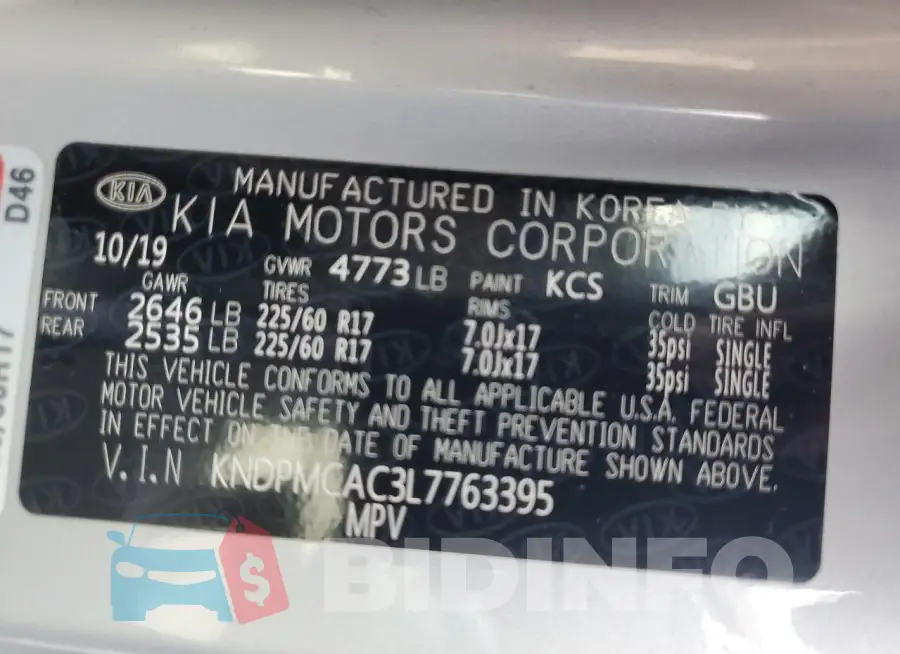 KNDPMCAC3L7763395 Photo# 13