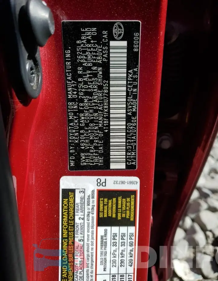 4T1BF1FK8HU778052 Photo# 12