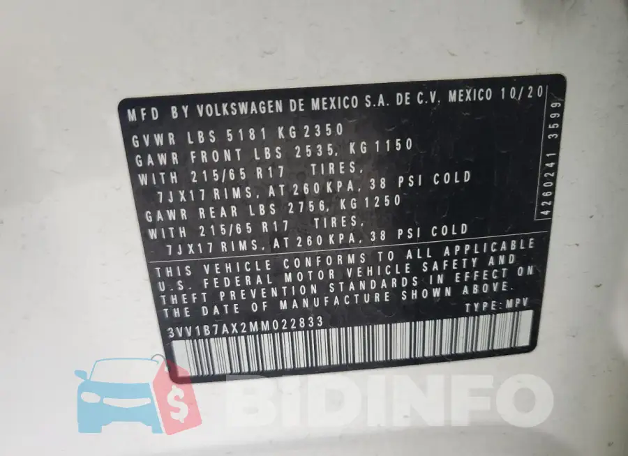 3VV1B7AX2MM022833 Photo# 13