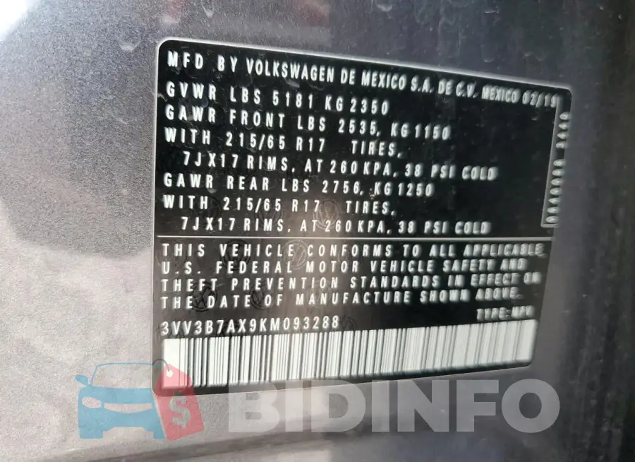 3VV3B7AX9KM093288 Photo# 13