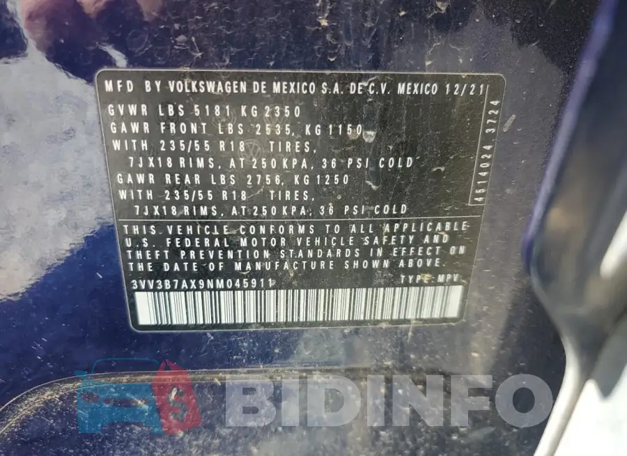 3VV3B7AX9NM045911 Photo# 14