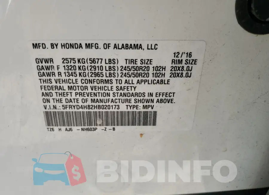 5FRYD4H82HB020173 Photo# 13