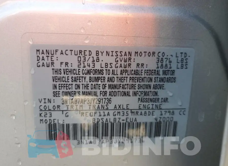 3N1AB7AP3JY291736 Photo# 13