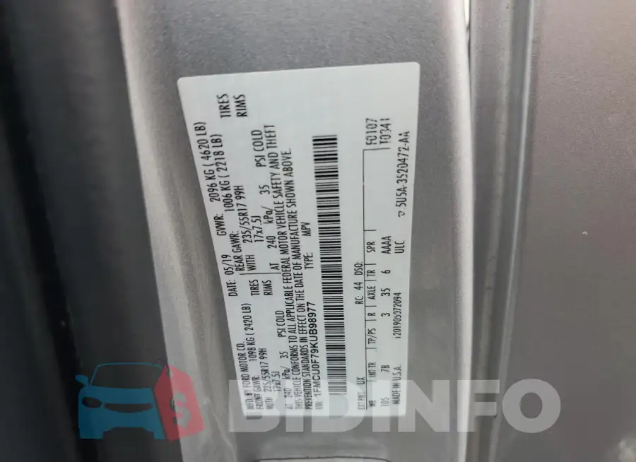1FMCU0F79KUB98977 Photo# 14