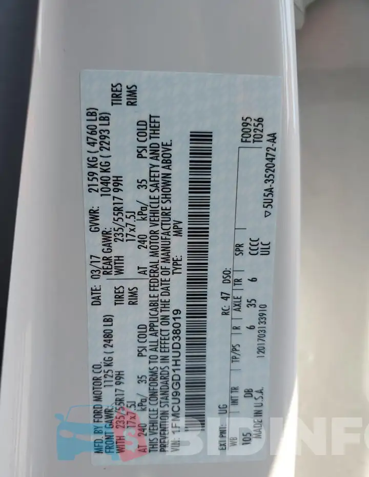1FMCU9GD1HUD38019 Photo# 14