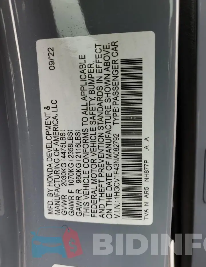 1HGCV1F43NA082792 Photo# 12