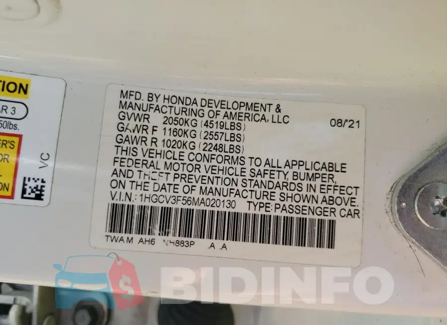 1HGCV3F56MA020130 Photo# 12