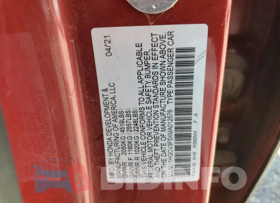 1HGCV3F5XMA012578 Photo# 12