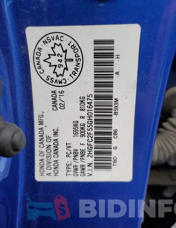 2HGFC2F55GH016475 Photo# 13