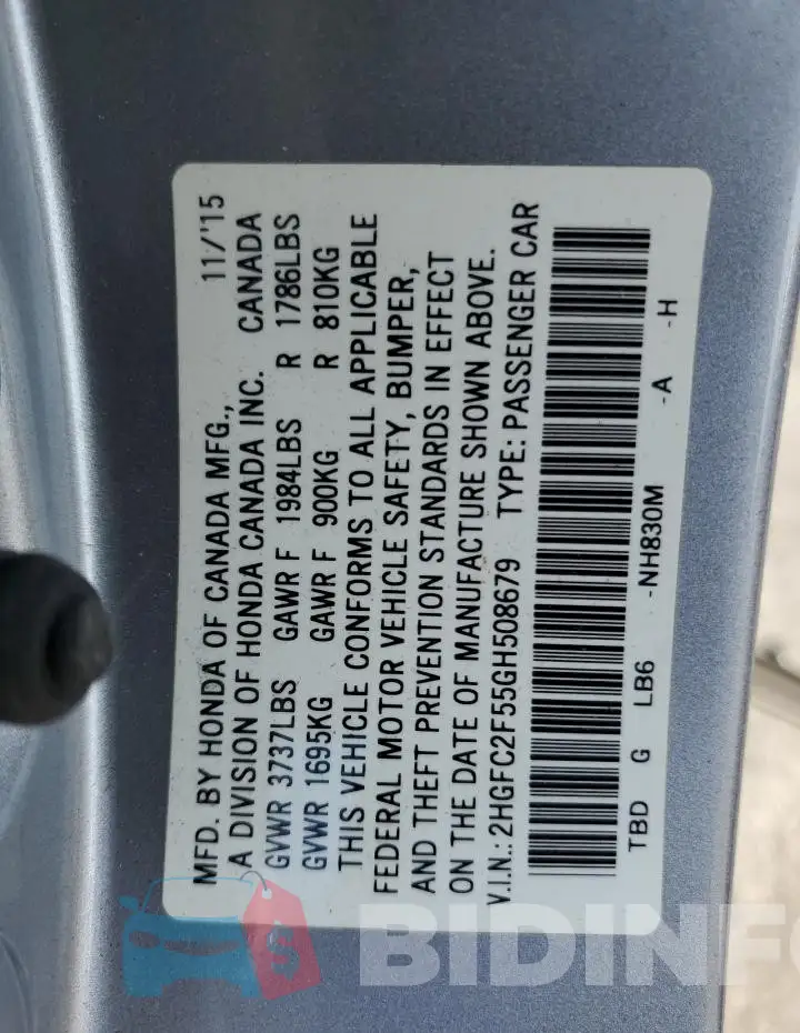 2HGFC2F55GH508679 Photo# 12