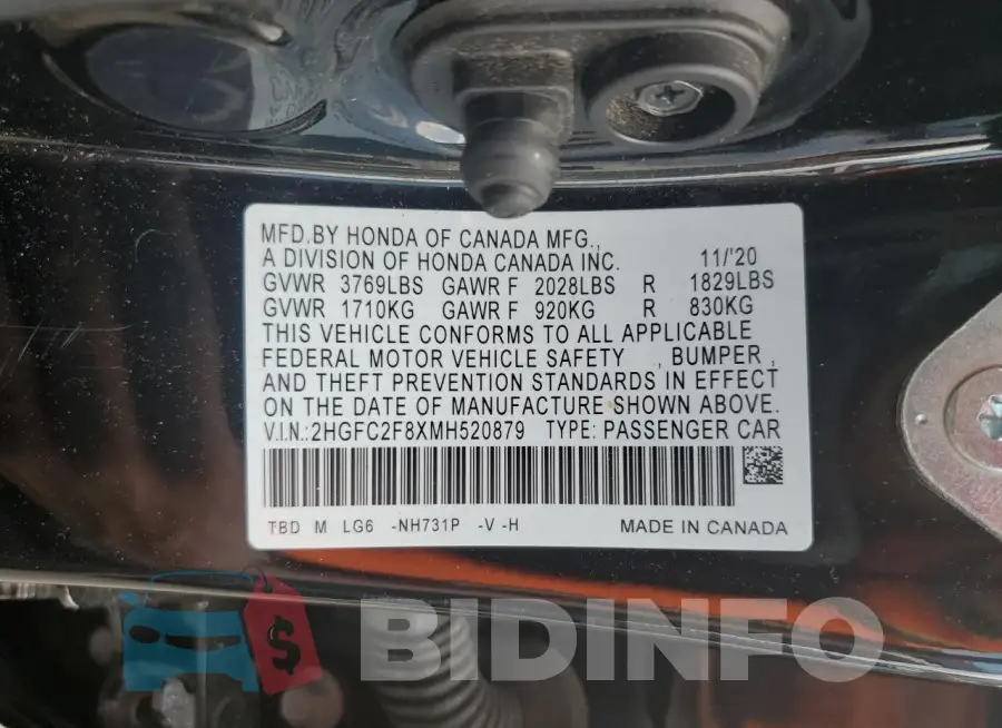 2HGFC2F8XMH520879 Photo# 12