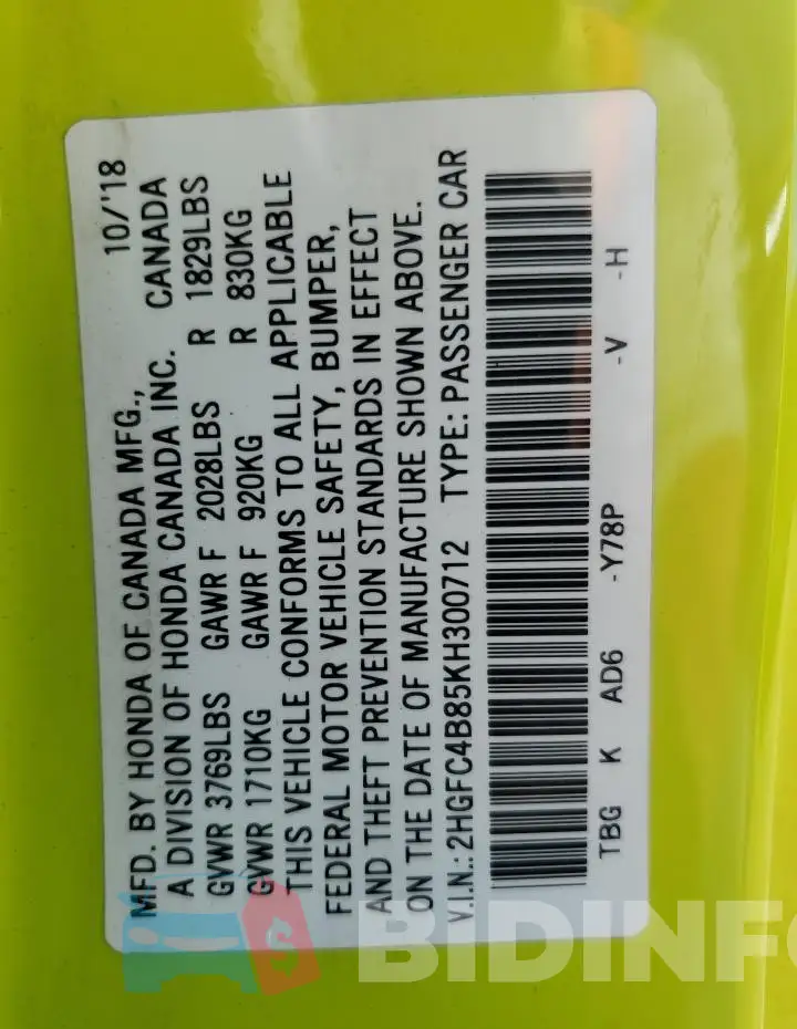 2HGFC4B85KH300712 Photo# 13