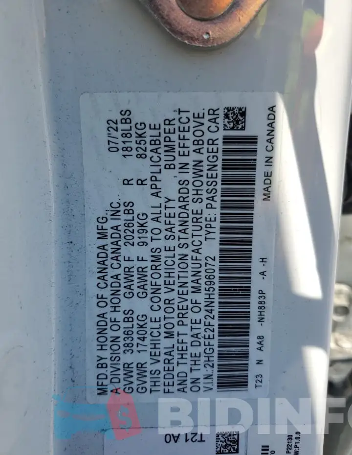 2HGFE2F24NH596072 Photo# 12