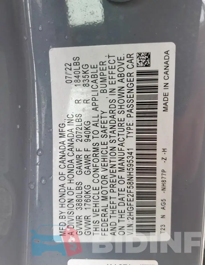 2HGFE2F58NH595341 Photo# 13