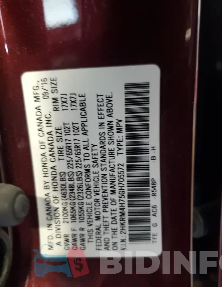 2HKRM4H75GH705572 Photo# 12