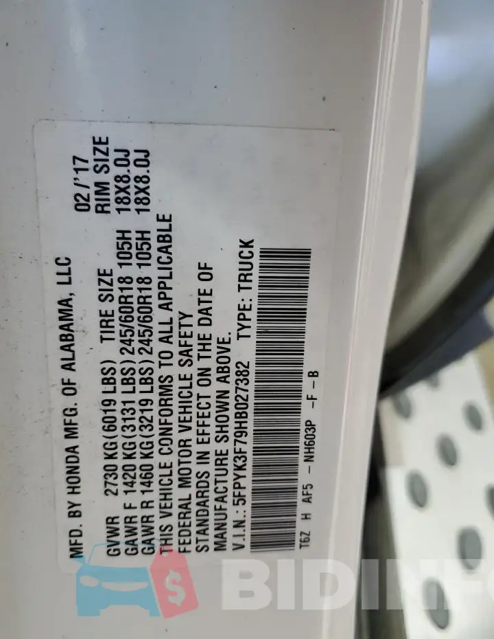 5FPYK3F79HB027382 Photo# 13