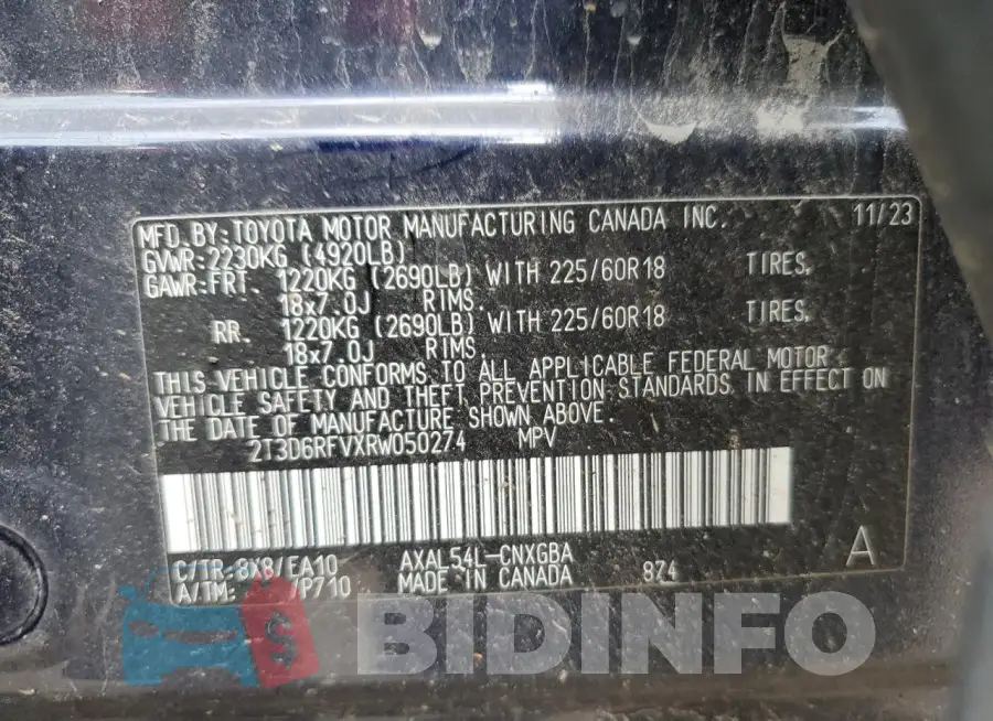 2T3D6RFVXRW050274 Photo# 13