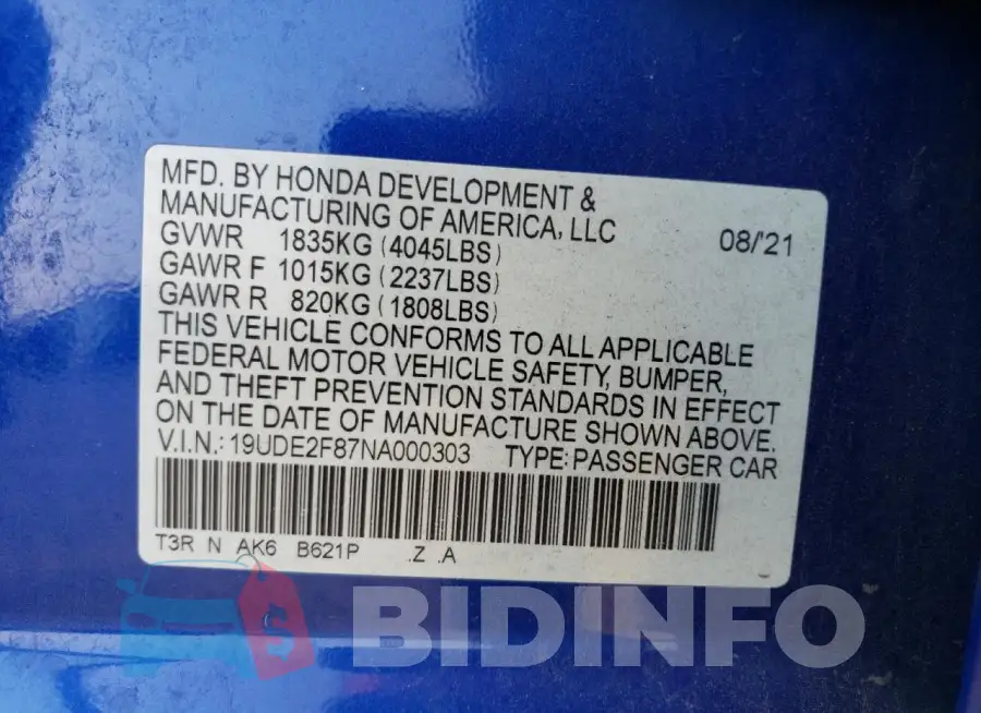 19UDE2F87NA000303 Photo# 12