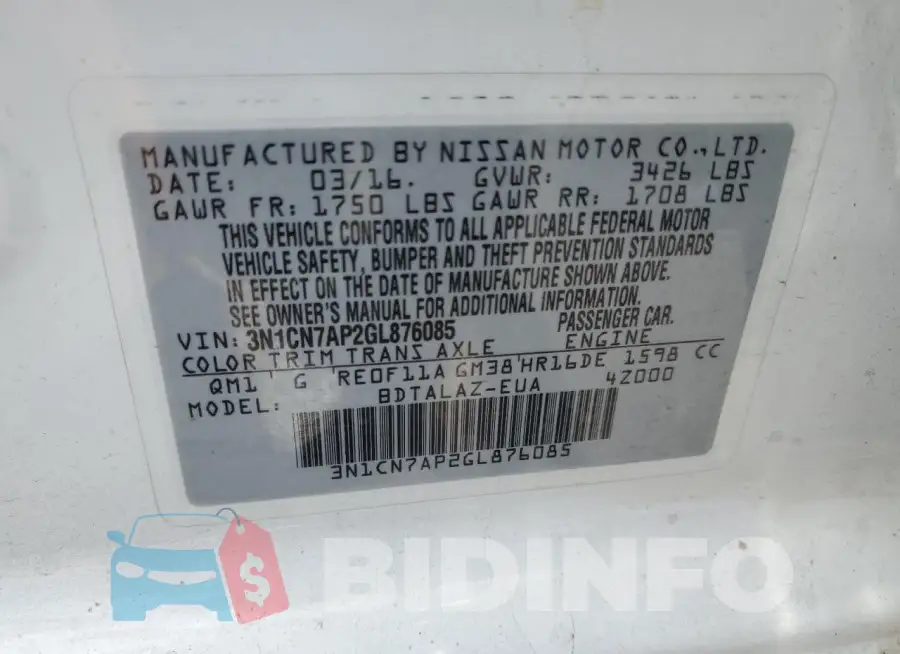 3N1CN7AP2GL876085 Photo# 12