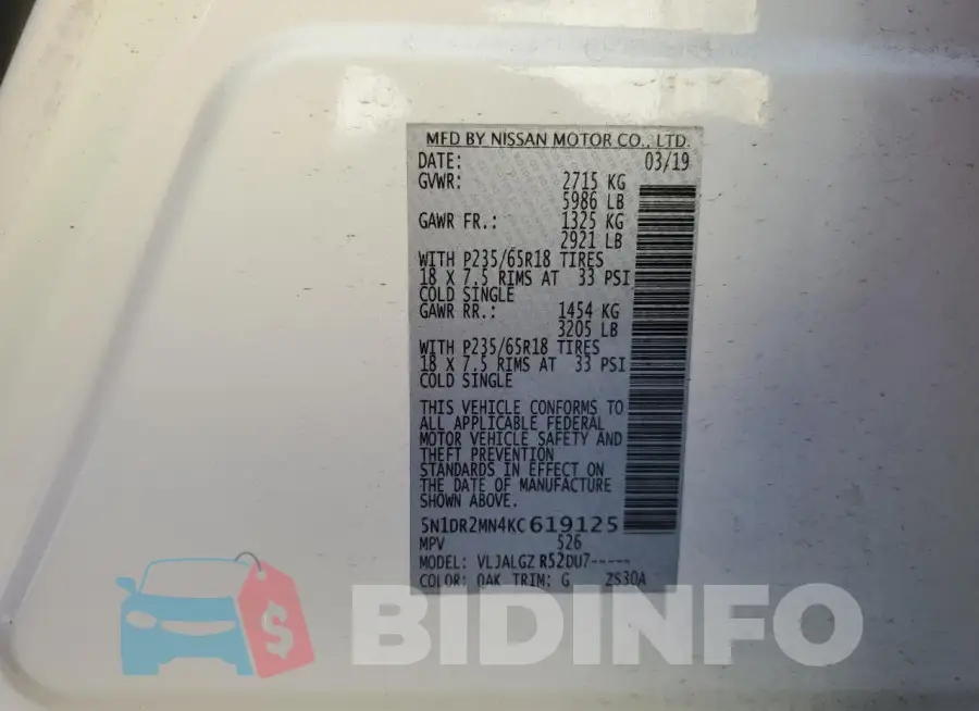 5N1DR2MN4KC619125 Photo# 13