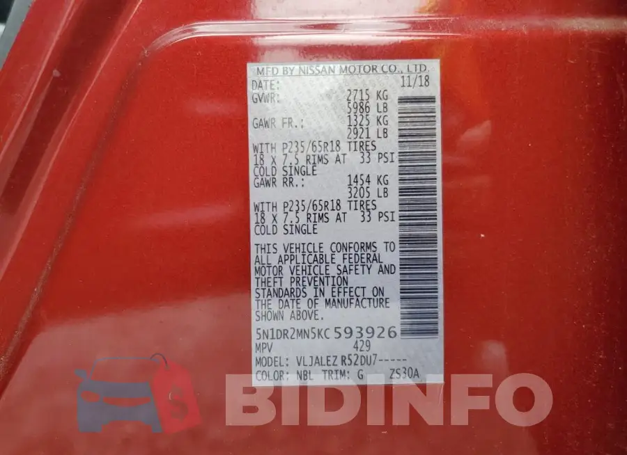 5N1DR2MN5KC593926 Photo# 14