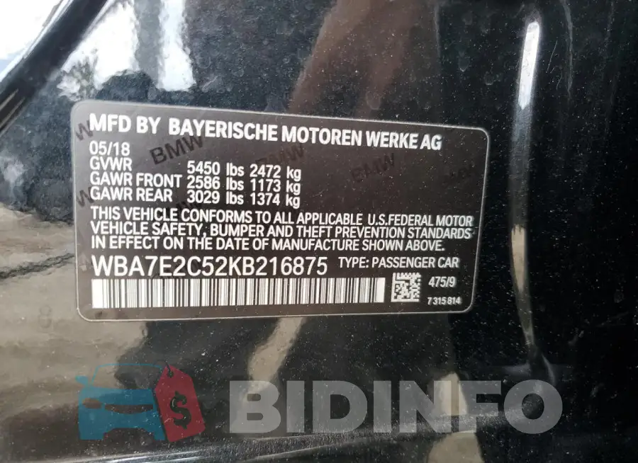 WBA7E2C52KB216875 Photo# 12